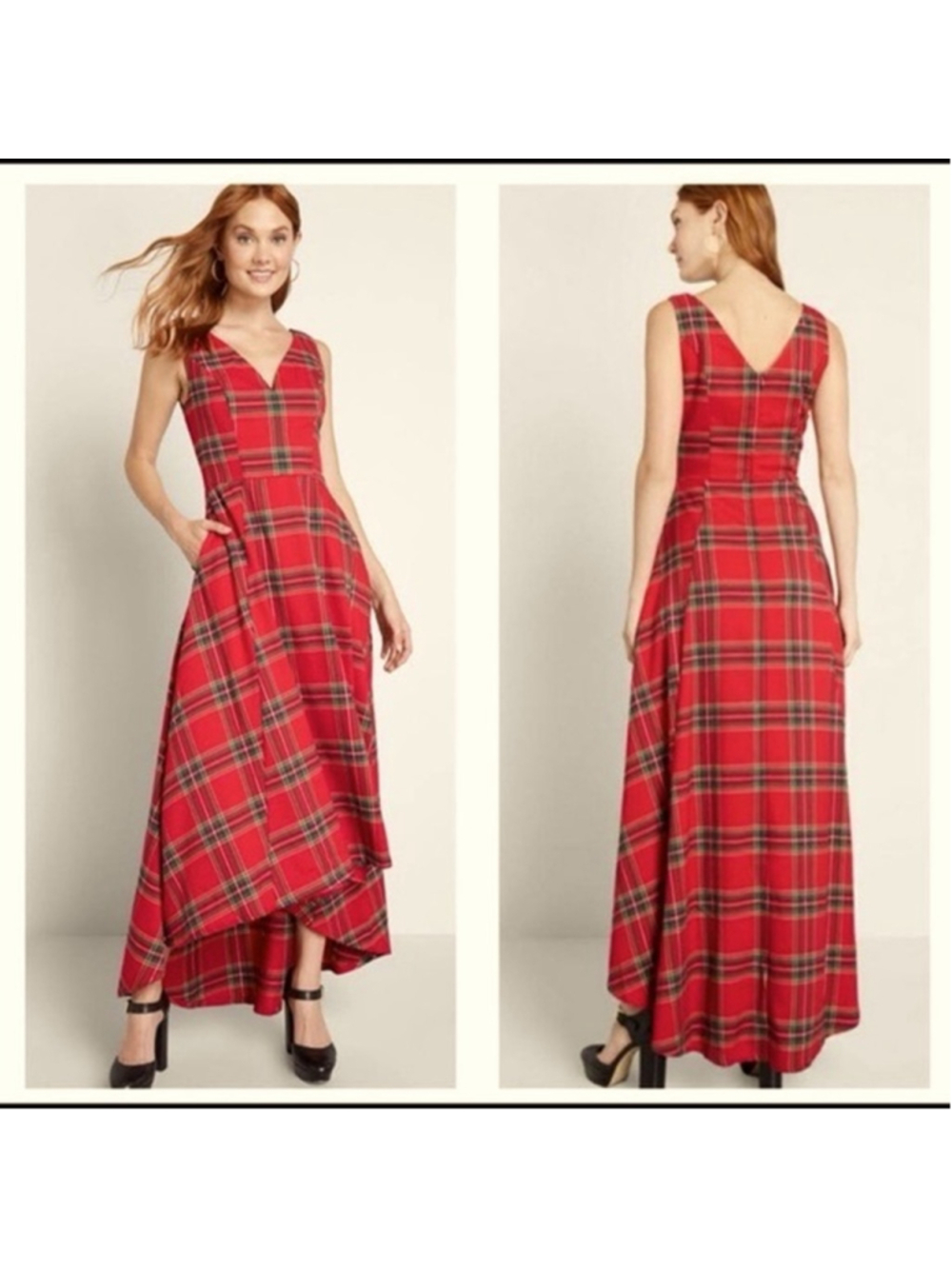 ModCloth x Collectif Dignity on Display Dress v neck red Plaid Sz 18 Hi-low Hem